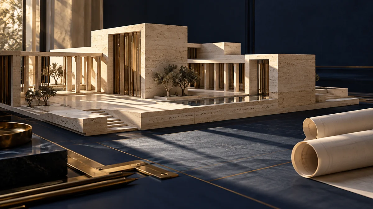 تكوين معماري تعبيري بخامات الحجر والمعدن